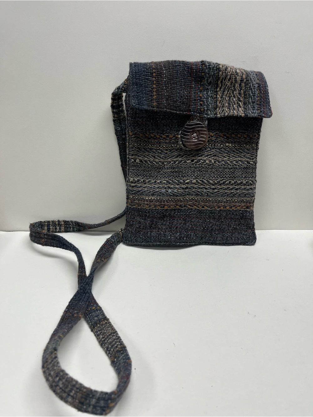 Handwoven Gray Multicolor Crossbody Bag in Merino Wool and Cotton Lining